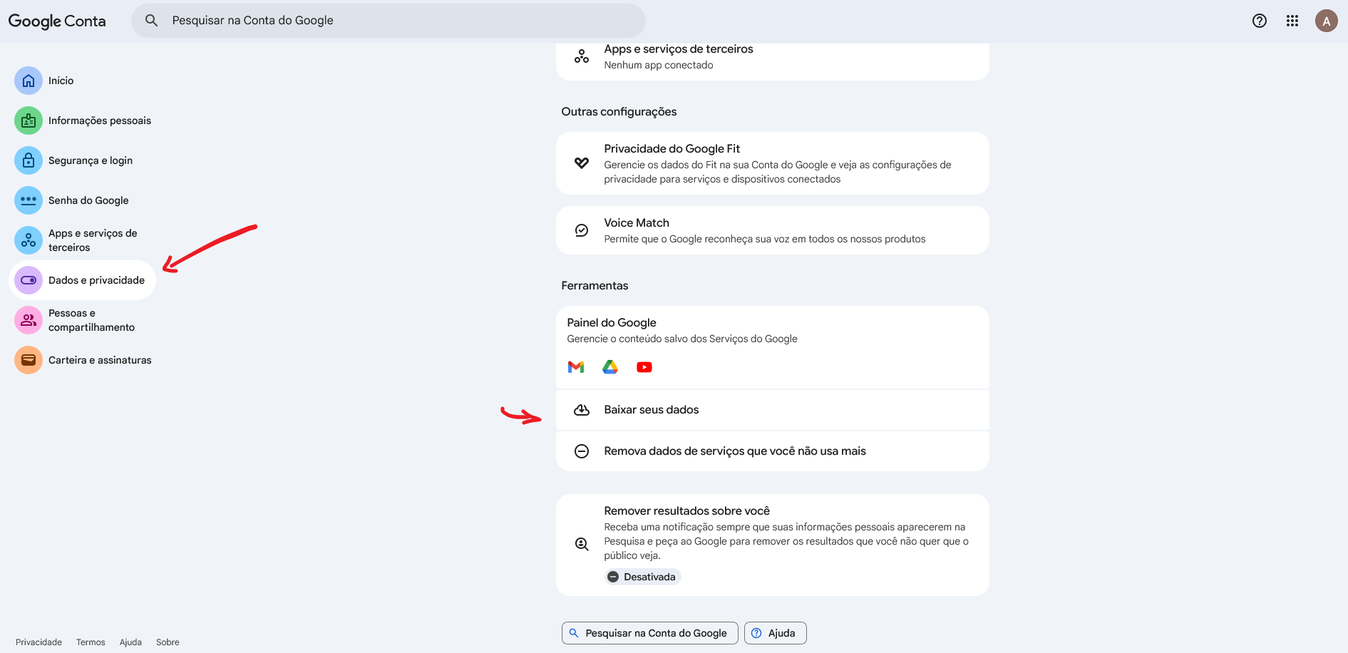 Menu para backup de dados Google