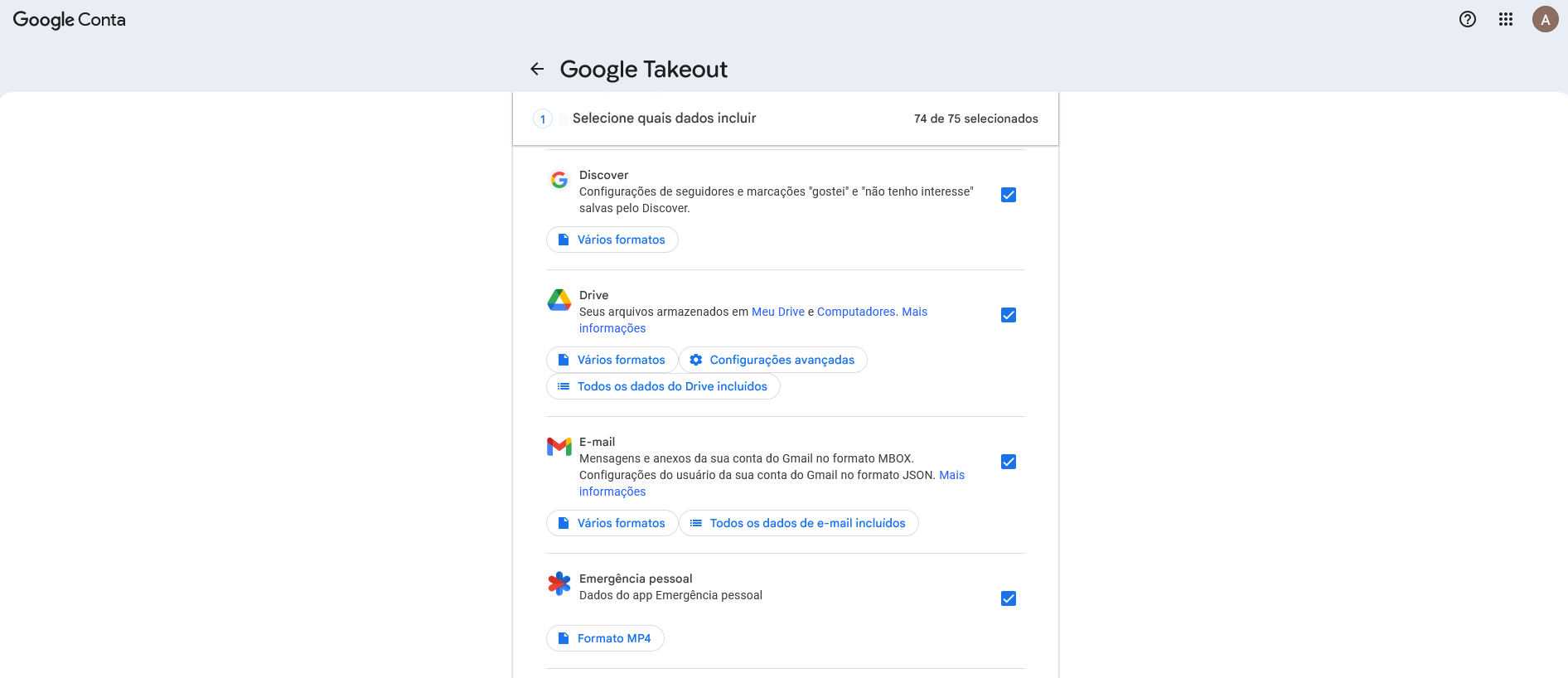 Opções Google Takeout