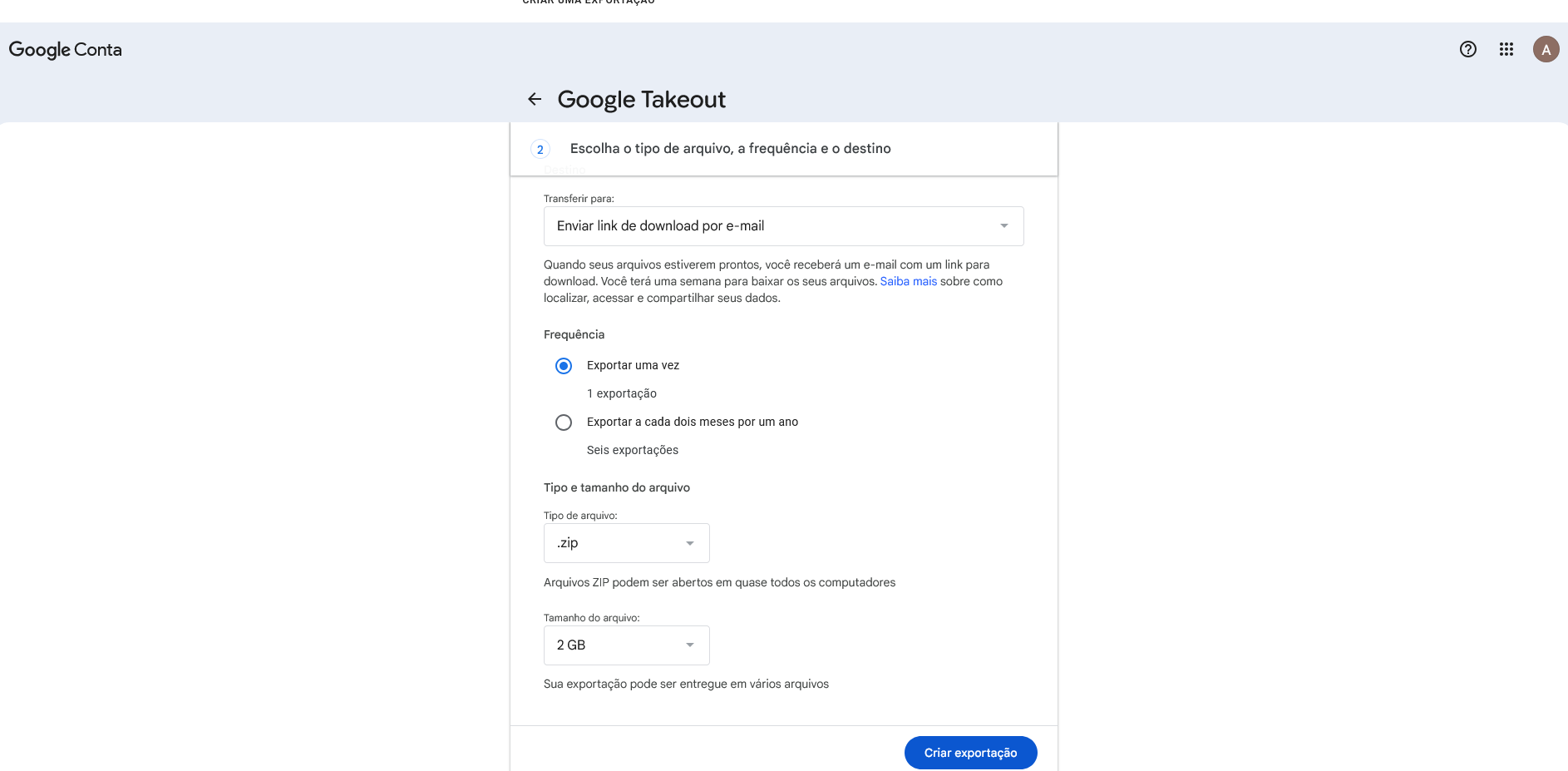 Opções Google Takeout 2